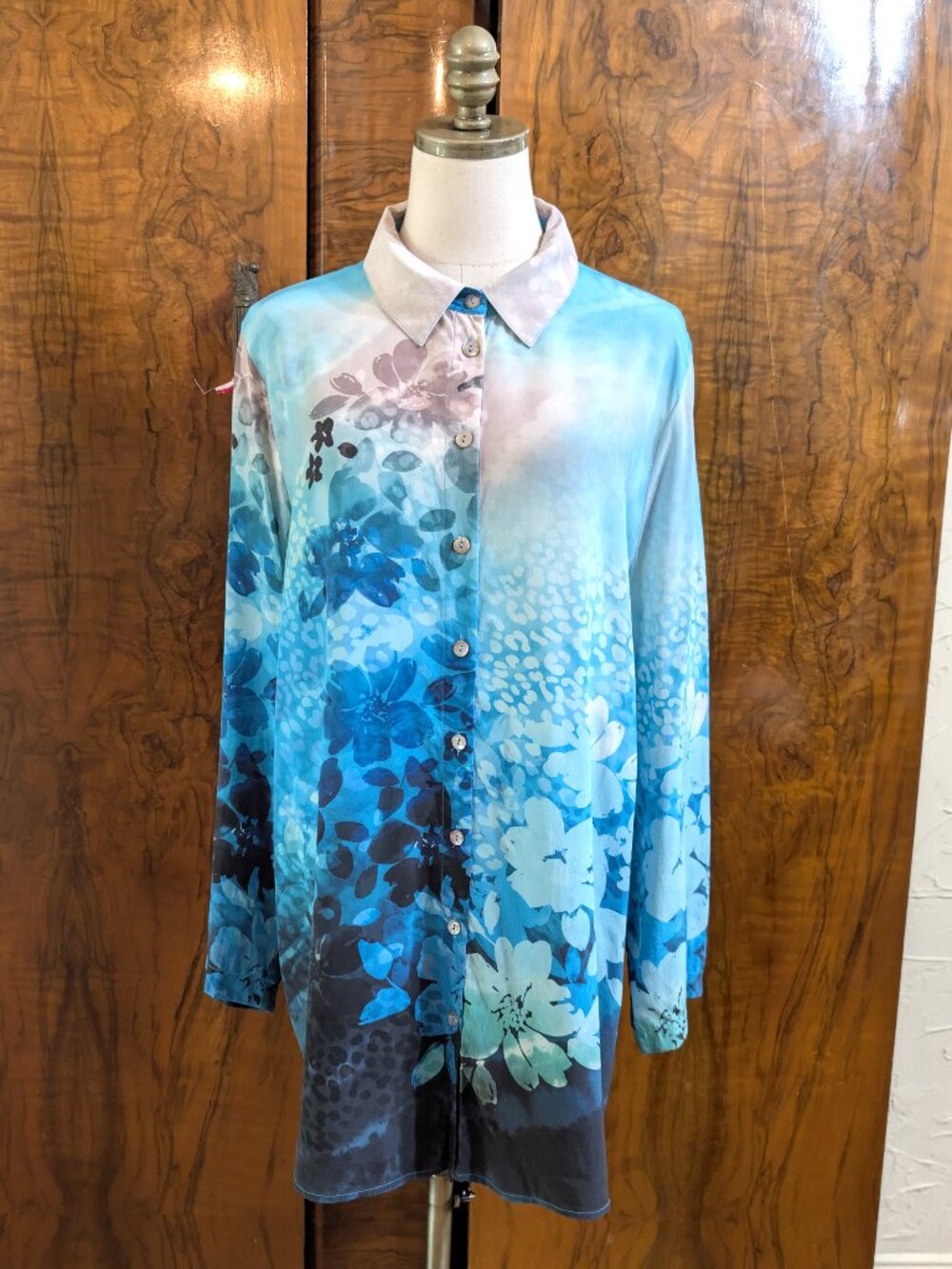 Soft Surroundings Jolene 100% Silk Blouse XL Blue Watercolor Floral Boho Cottage